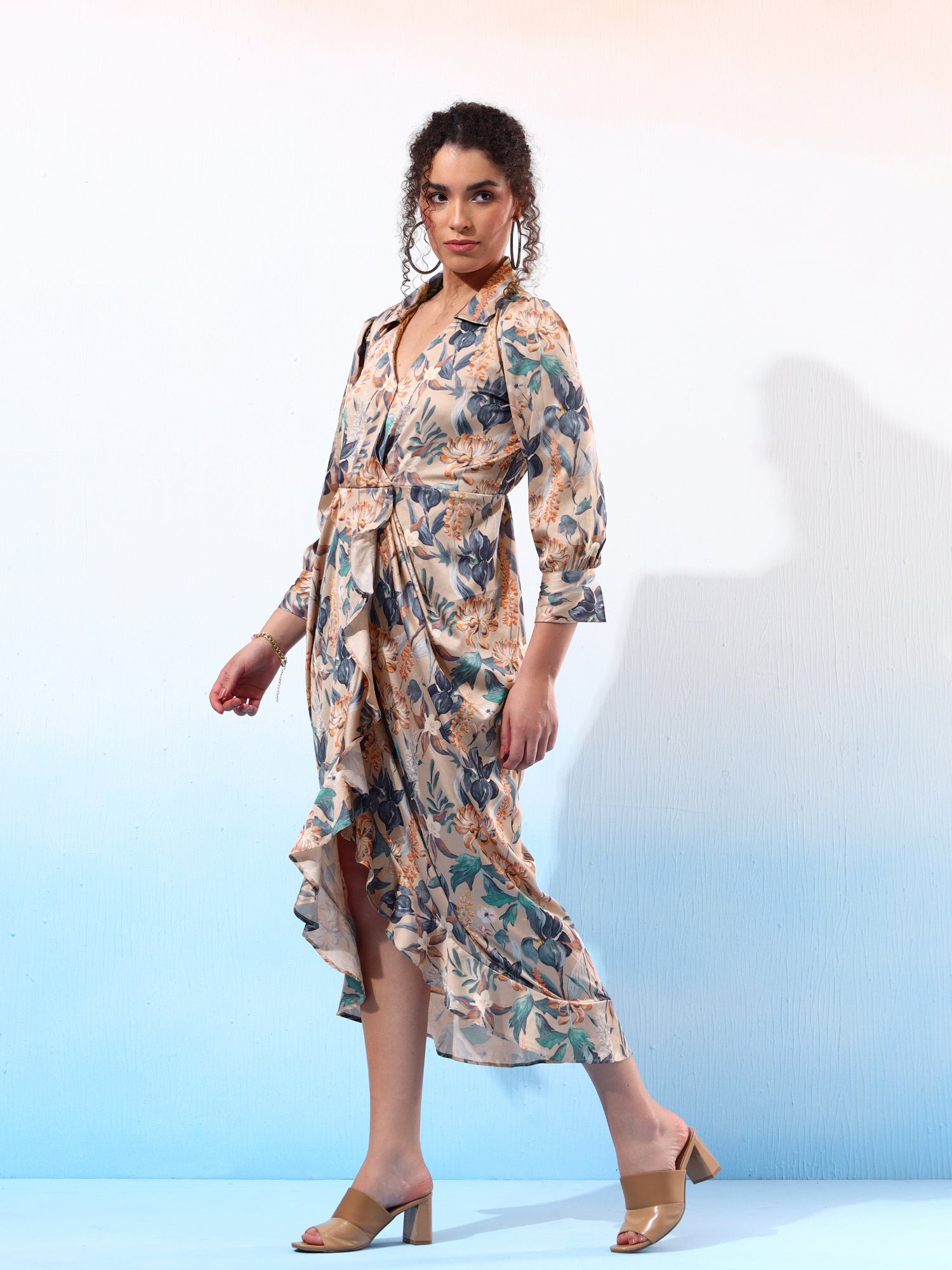 Classy Beige Printed Ruffled Dress