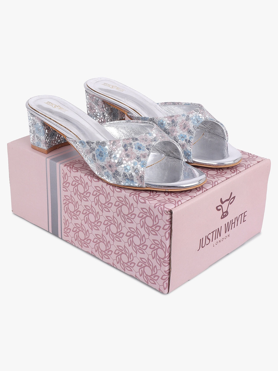 Fancy Floral Silver Block Heel Sandals