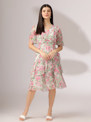 Stylish Pink Floral Layered Dress