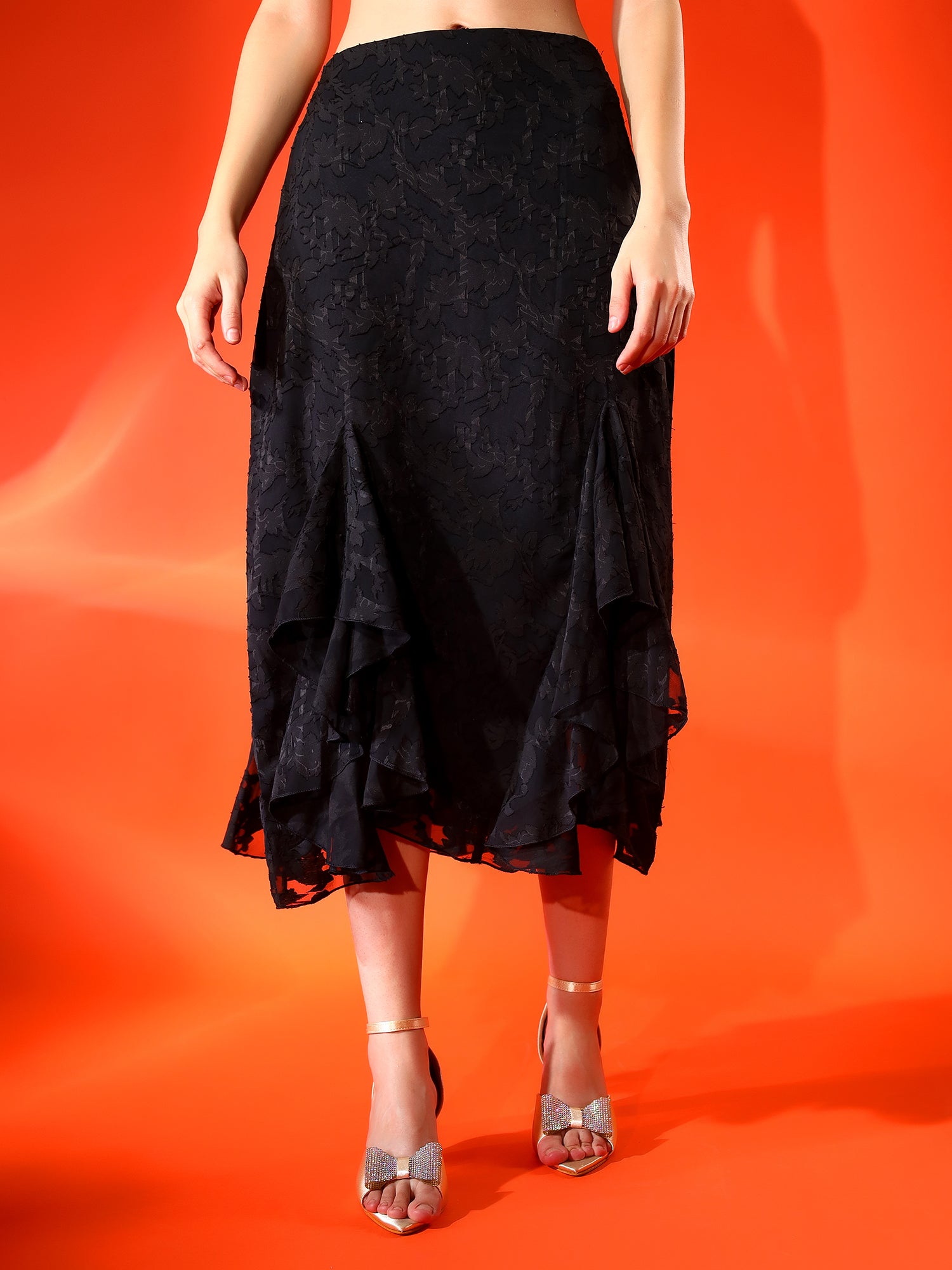 Printed Black Flared Midi Skirt