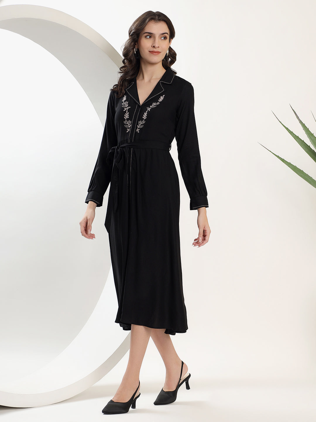 Embroidered Black A-Line Shirt Dress