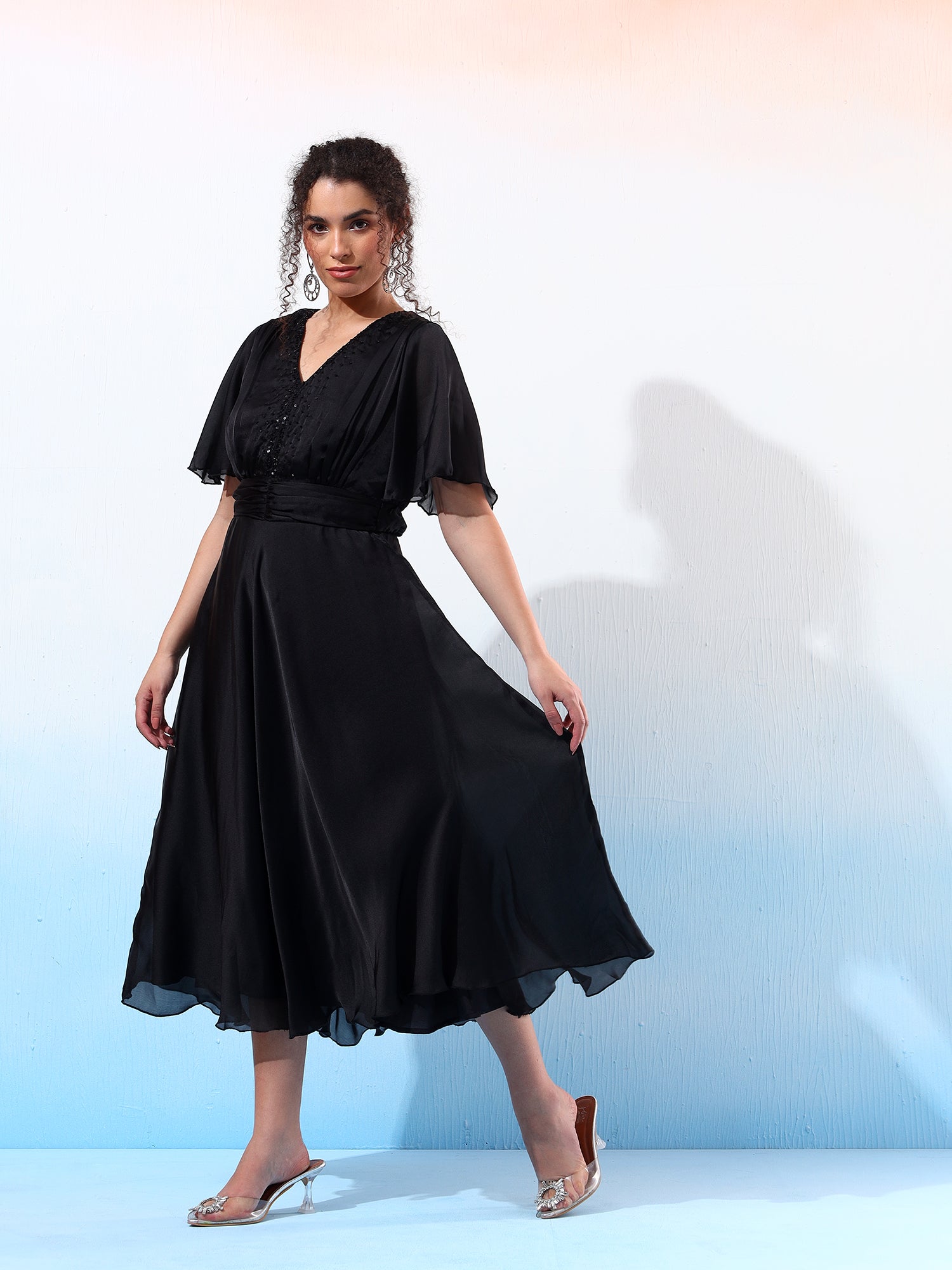 Classy Black Ruched Flared Dress