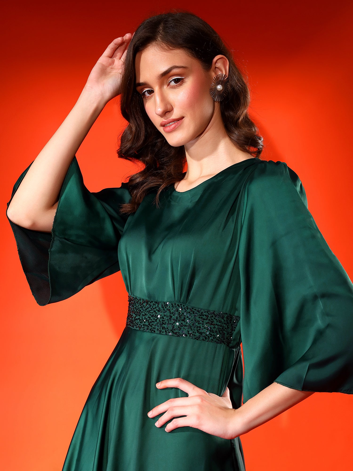 Emerald Green Satin Dress | Elegant Flared Gown for Women Justin Whyte Emerald Green Satin Dress | Elegant Flared Gown for Women Justin Whyte