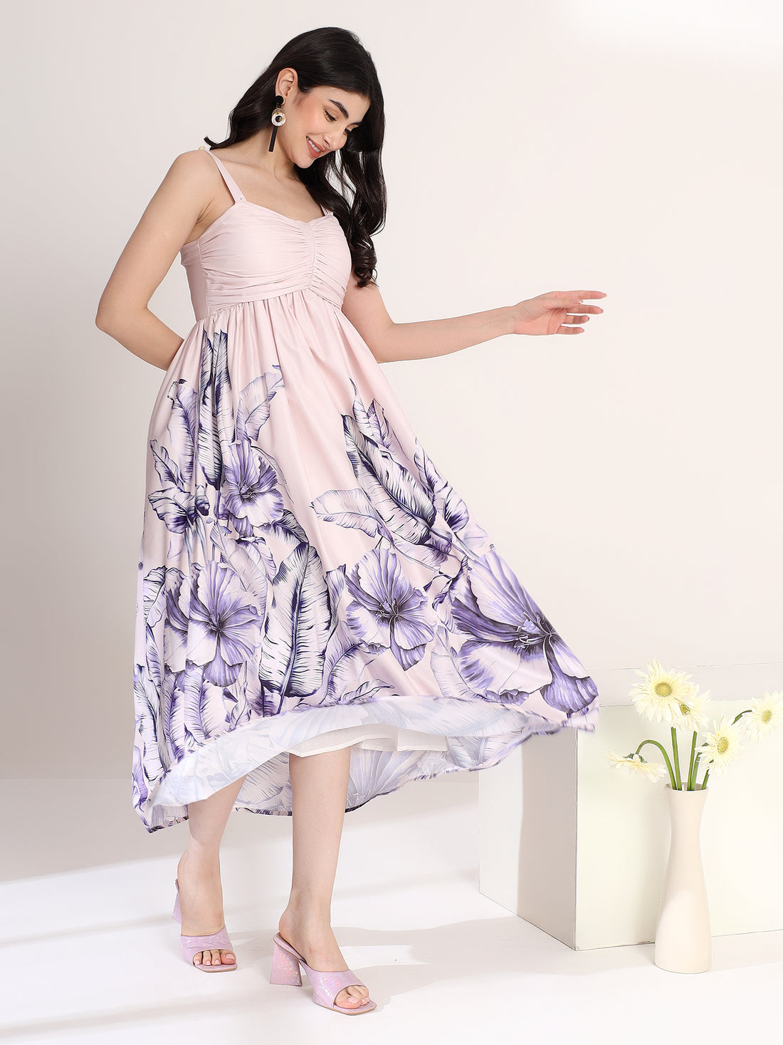 Stylish Blue and White Printed Flared Midi Dress