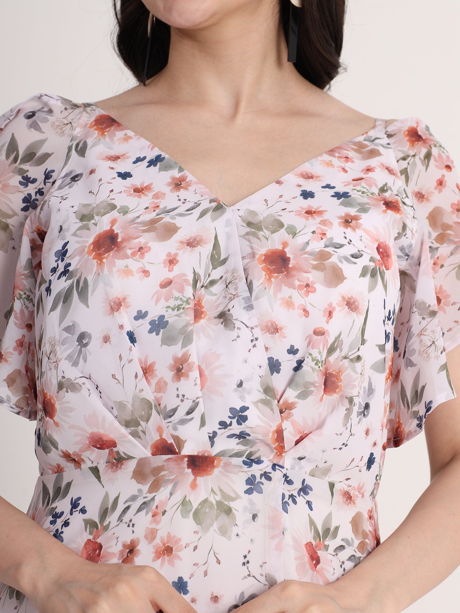 Classy White Floral Printed Flared Dress