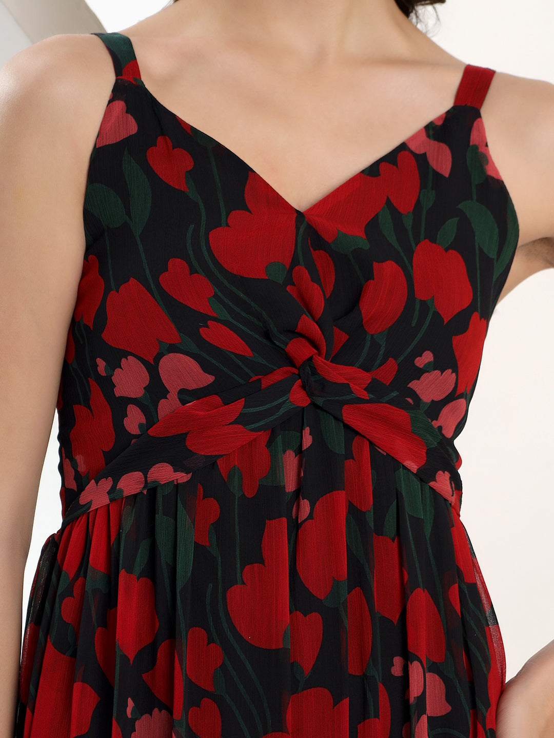 Printed Black and Red Midi Dress