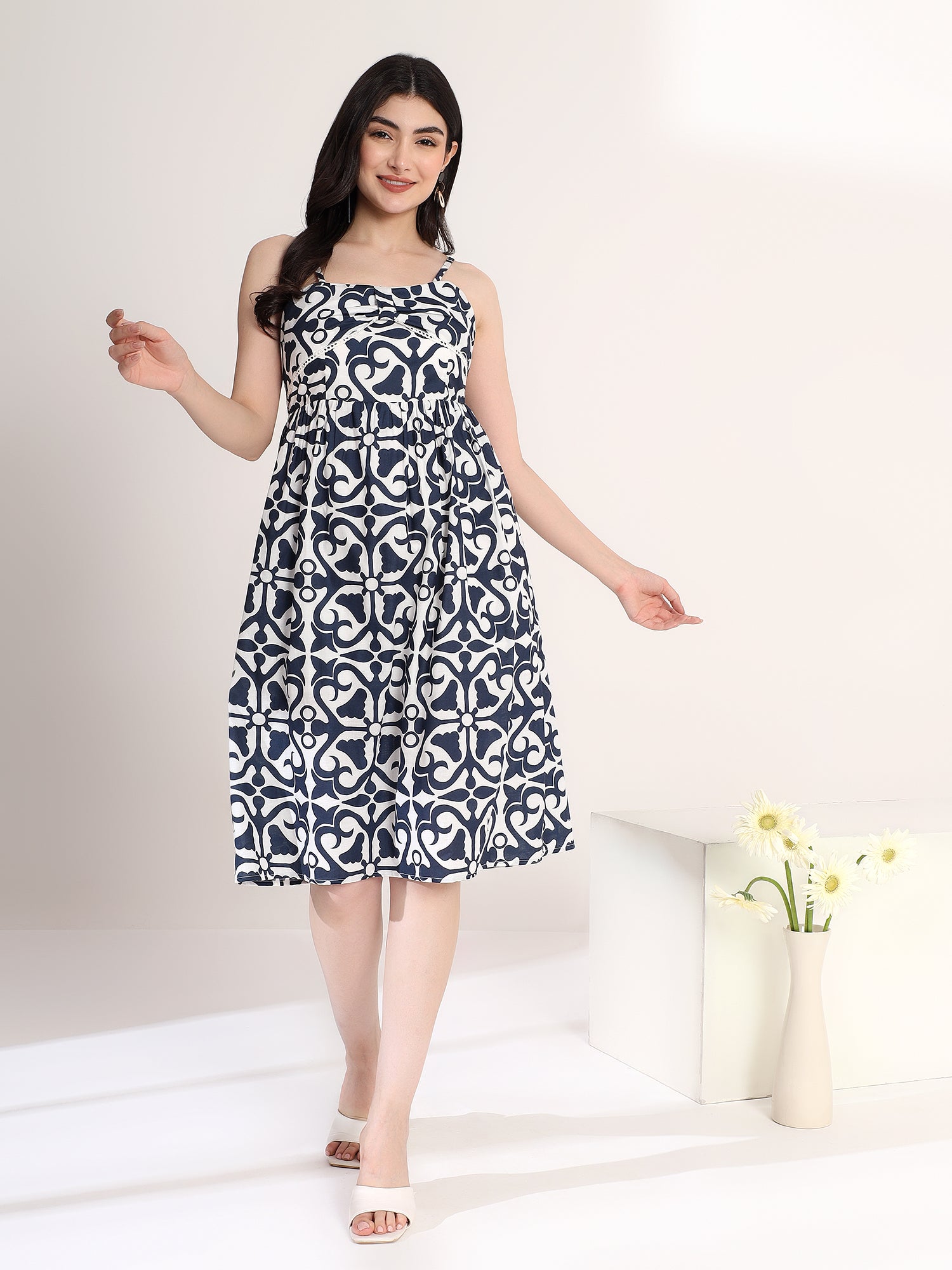 Stylish Blue and White Printed Flared Dress