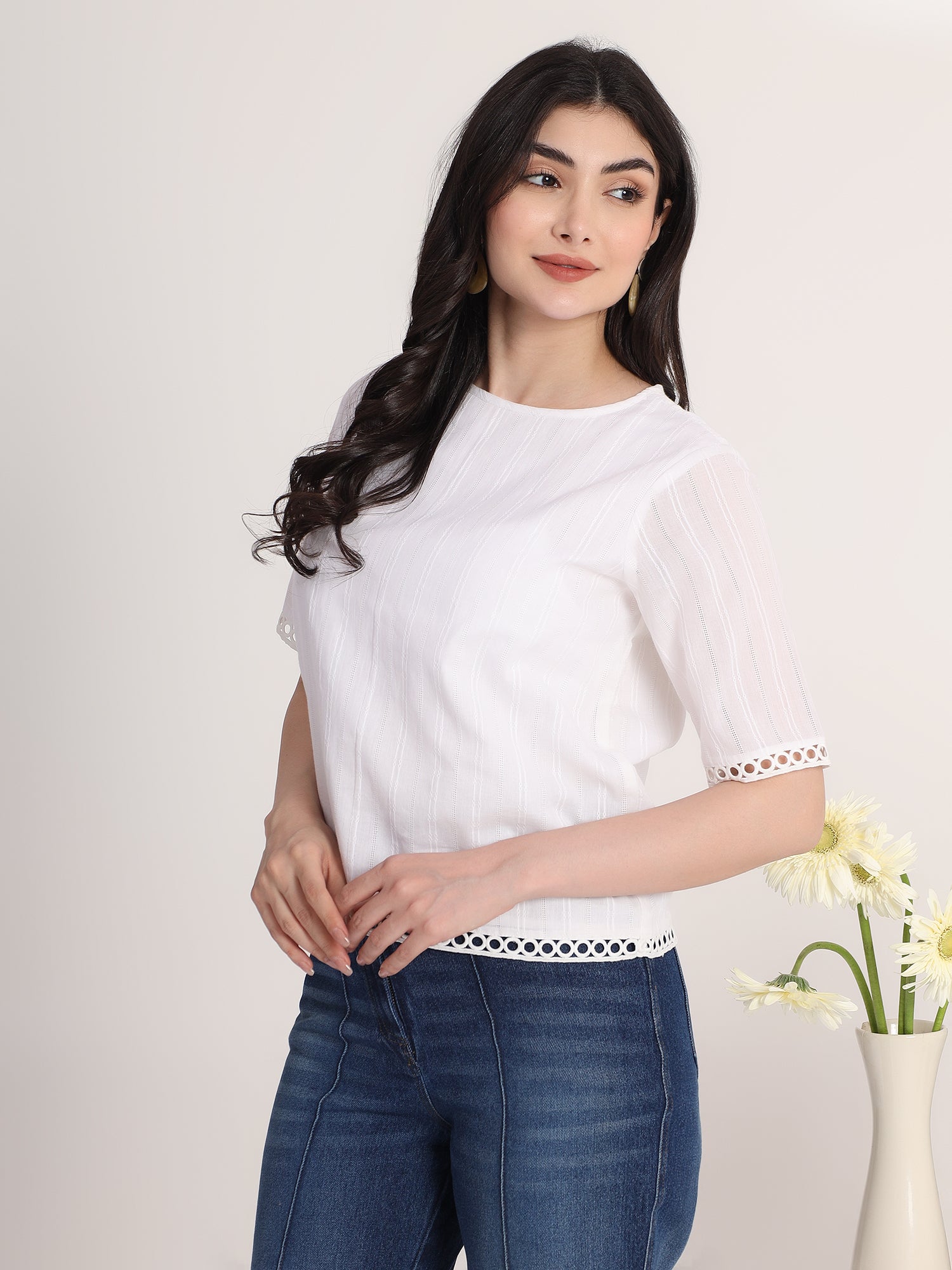 White Round neck Top with Lace