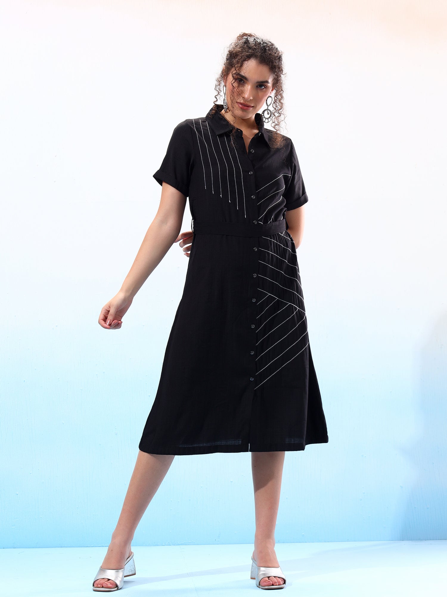 Embellished Black Flared Shirt Dress