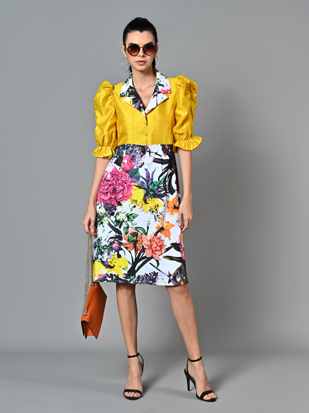 Fancy Yellow Floral Printed Flared Dress