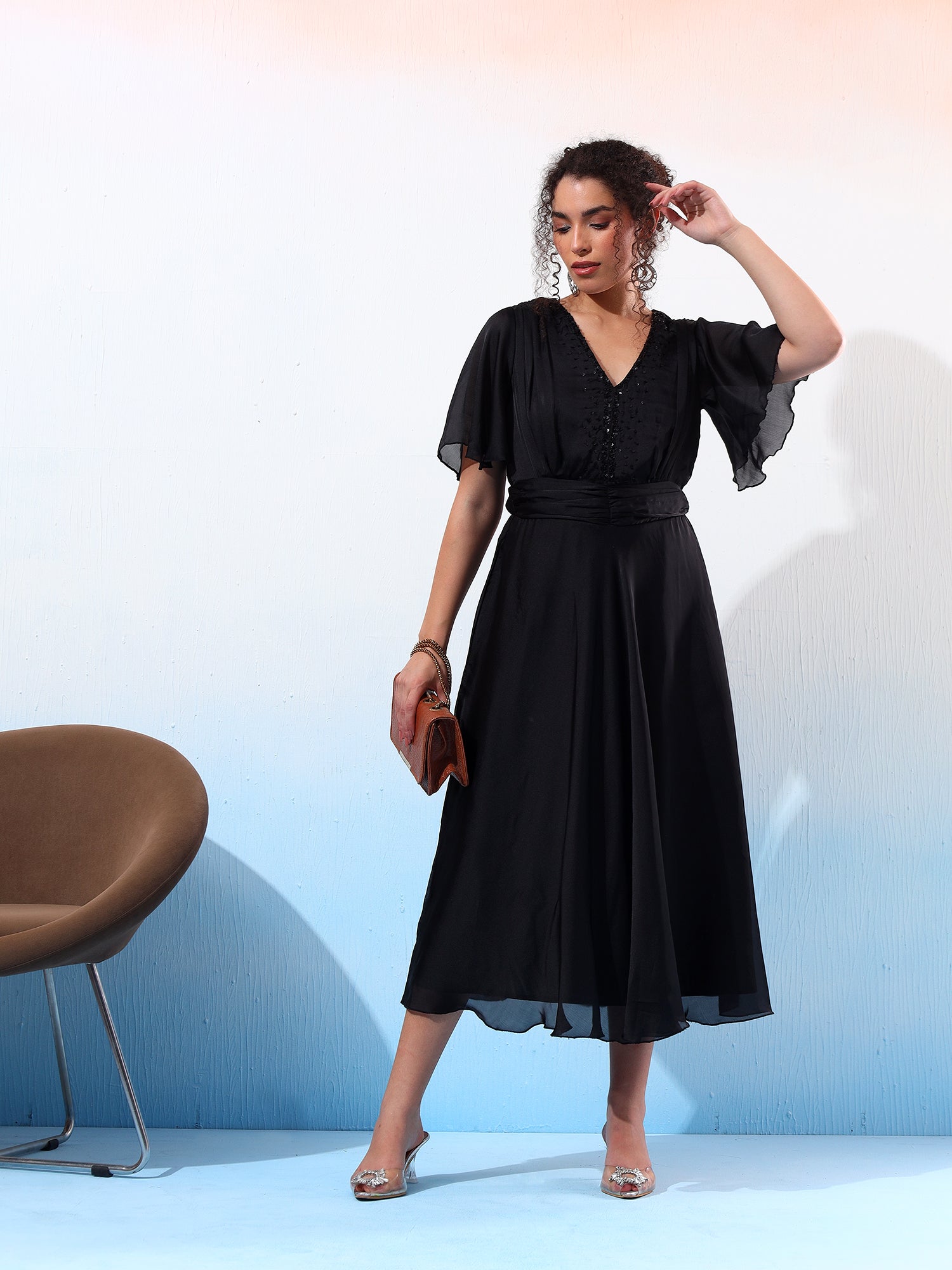 Classy Black Ruched Flared Dress