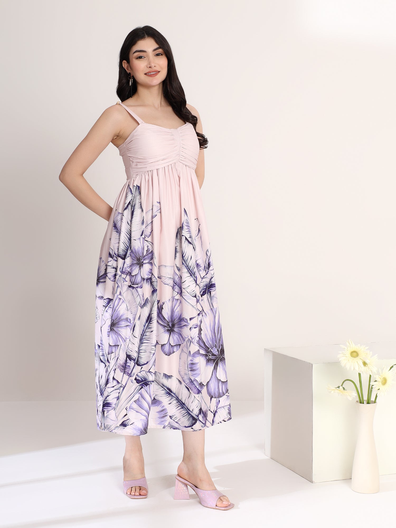Stylish Blue and White Printed Flared Midi Dress