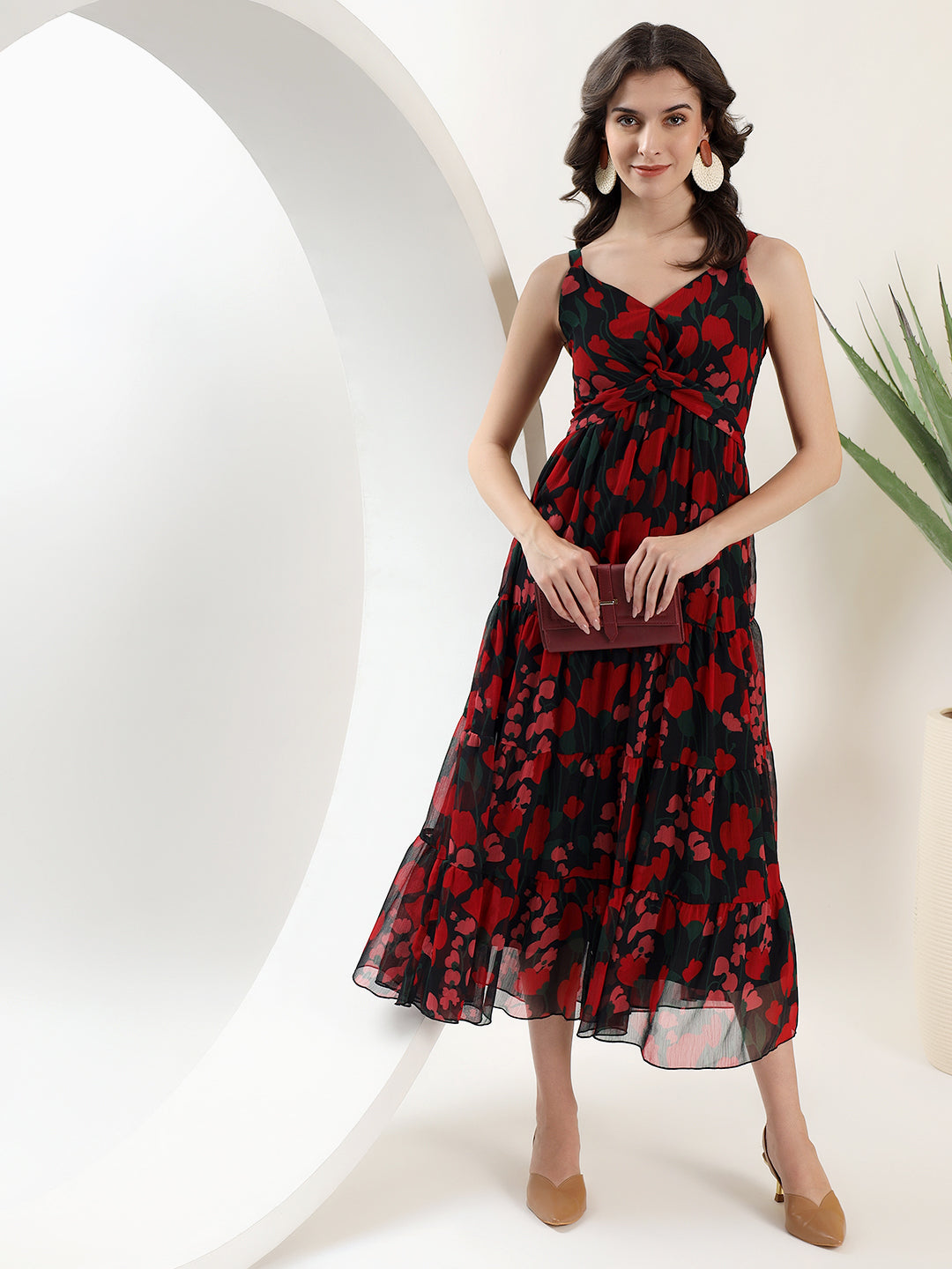Printed Black and Red Midi Dress
