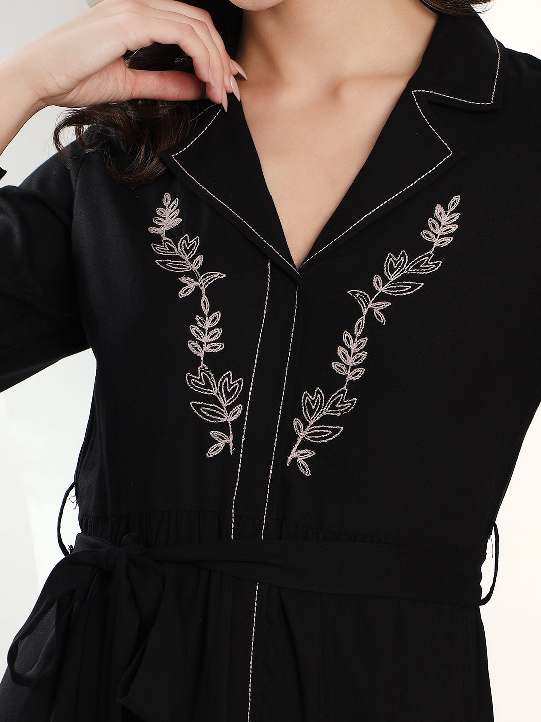 Embroidered Black A-Line Shirt Dress