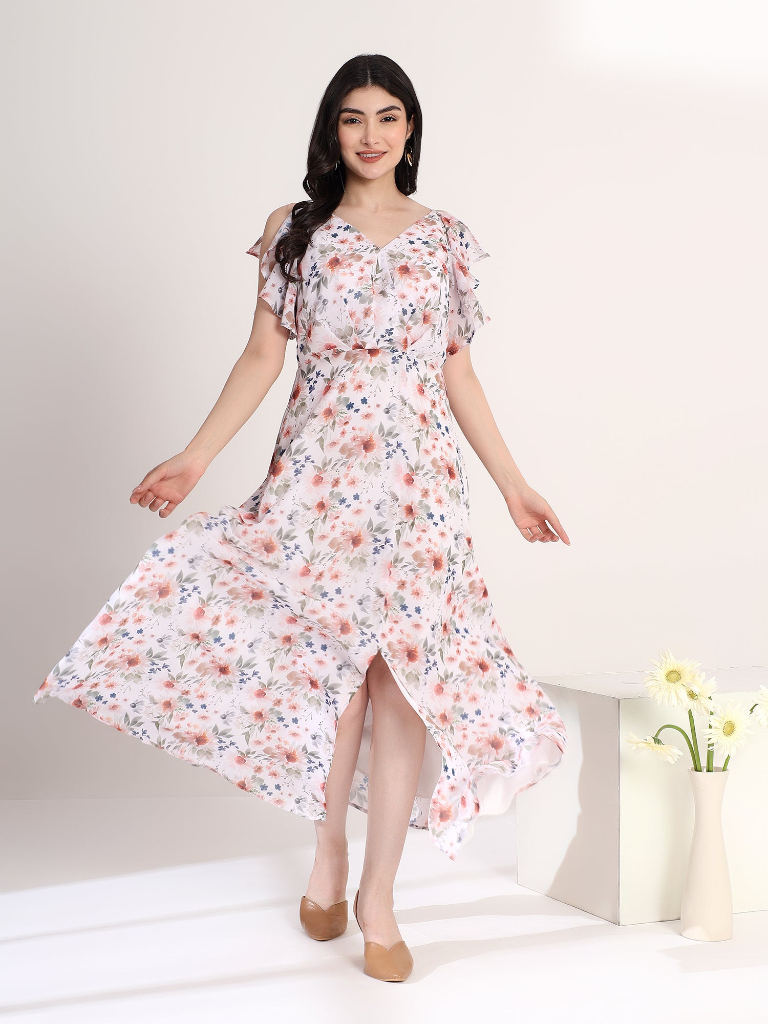 Classy White Floral Printed Flared Dress