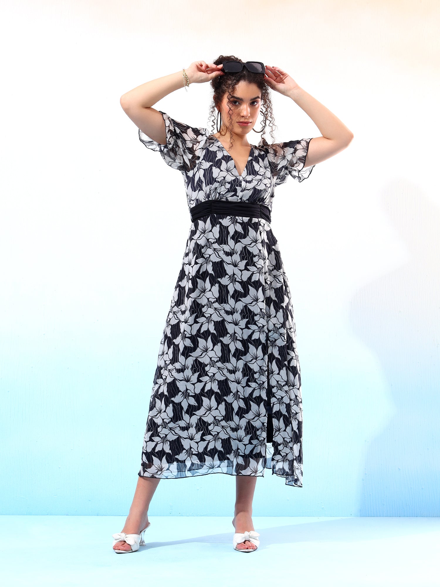 Stylish Black & White Floral Printed Flared Dress