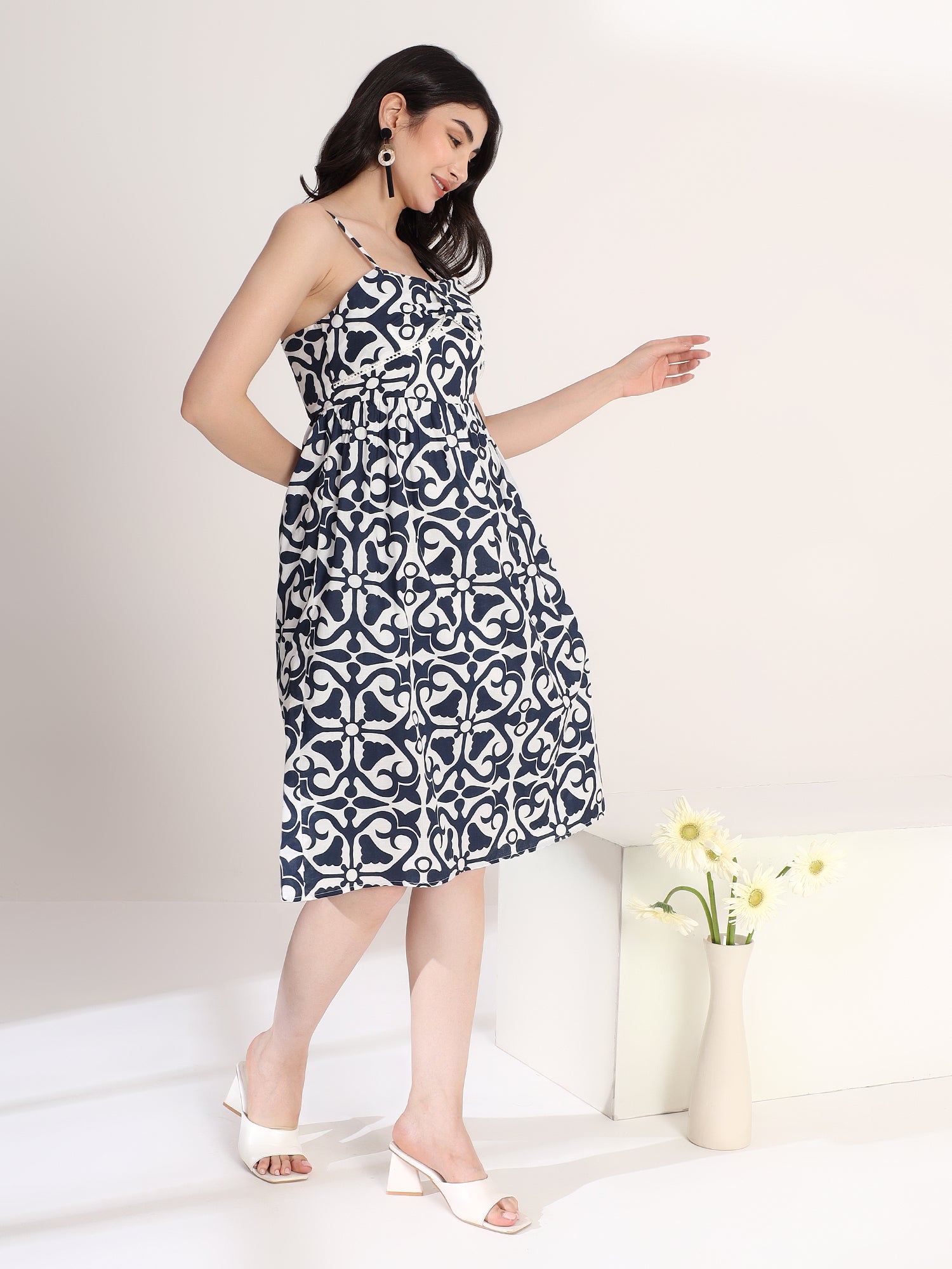 Stylish Blue and White Printed Flared Dress