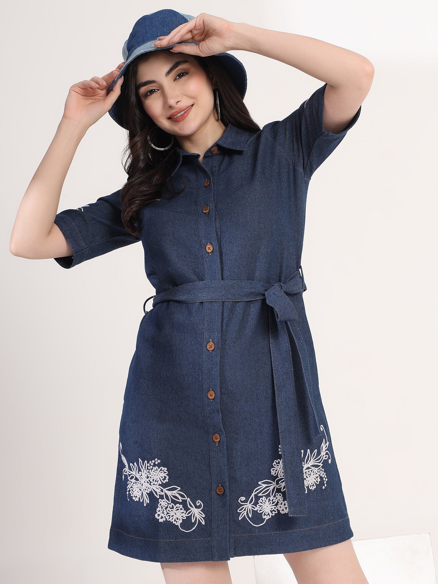 Fancy Blue Embroidered Denim Mini Dress