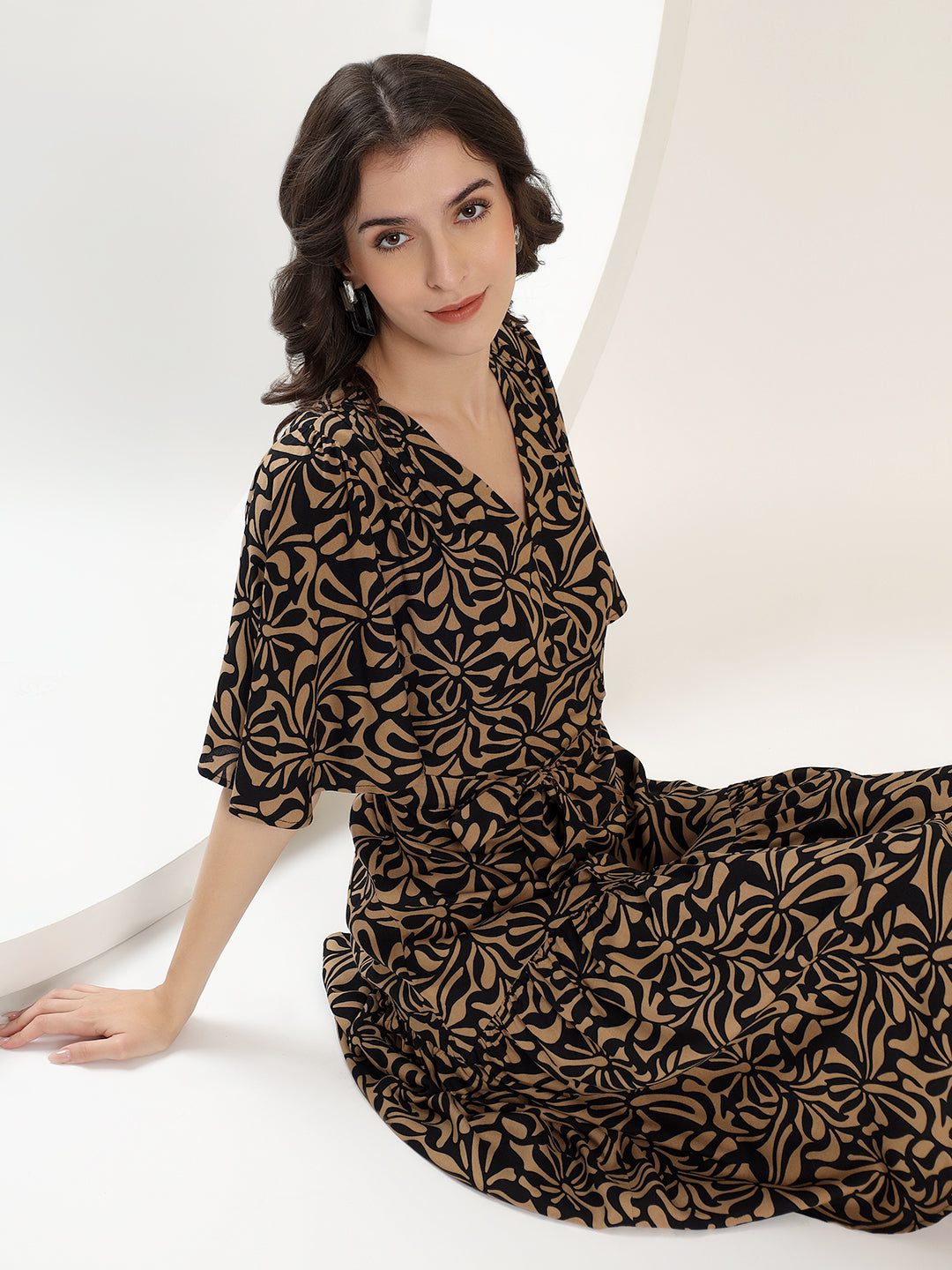 Printed Black and Brown Midi Dress