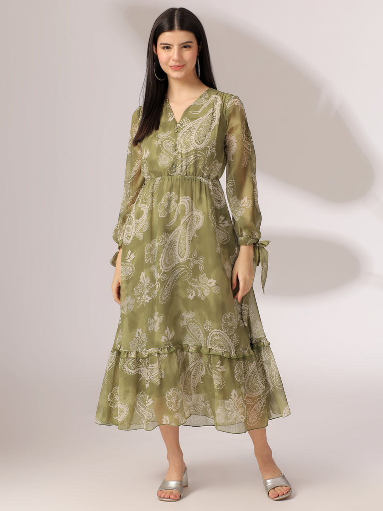 Classy Green Printed Ruffled Dress