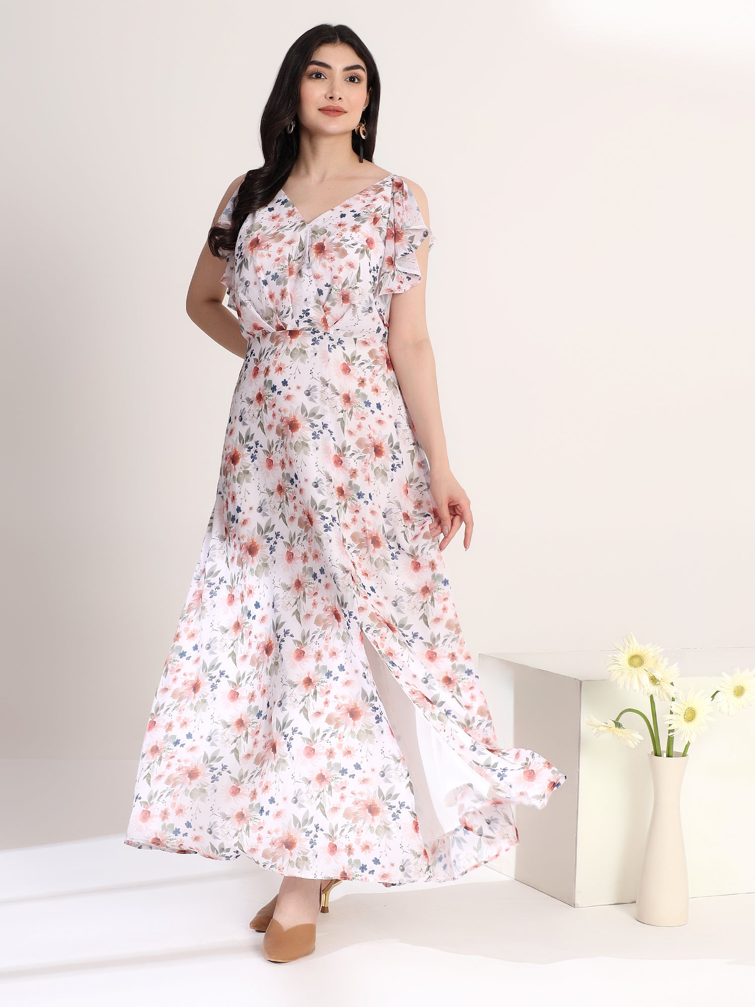 Classy White Floral Printed Flared Dress