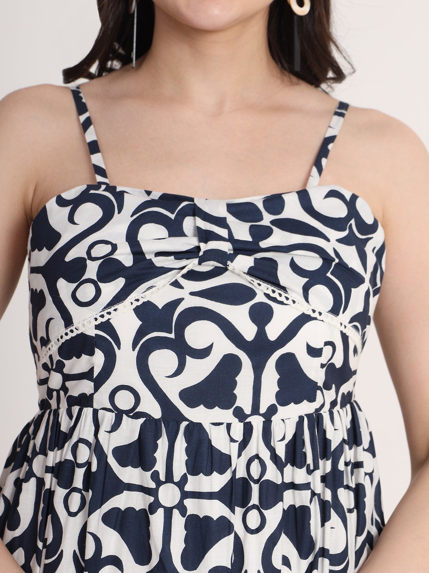 Stylish Blue and White Printed Flared Dress