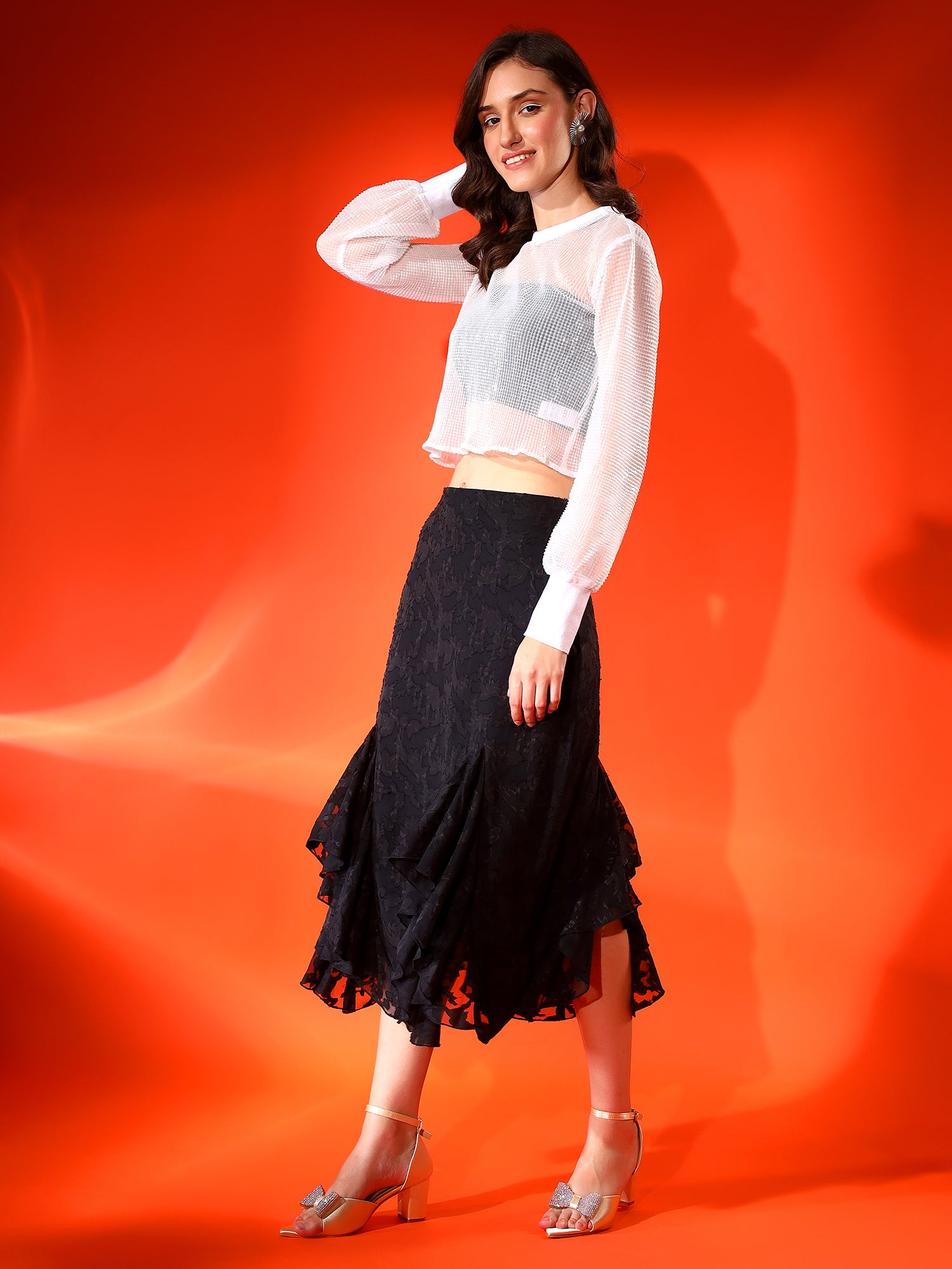 Printed Black Flared Midi Skirt