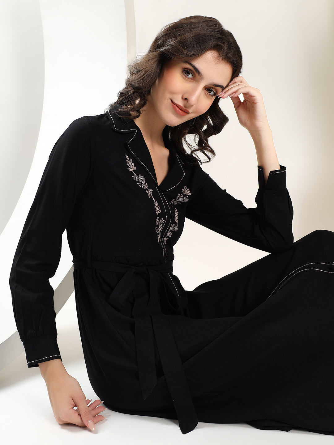 Embroidered Black A-Line Shirt Dress