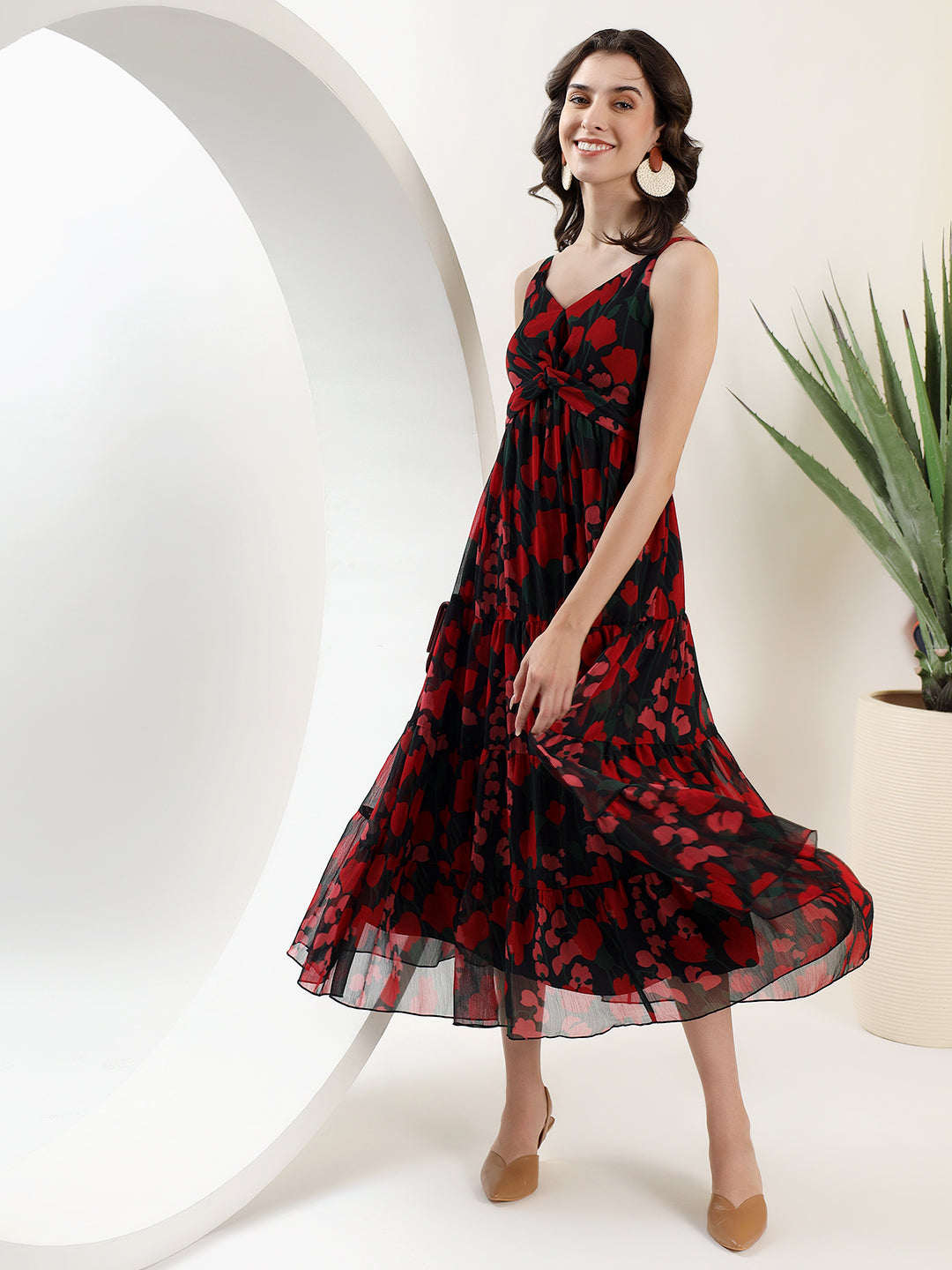 Printed Black and Red Midi Dress