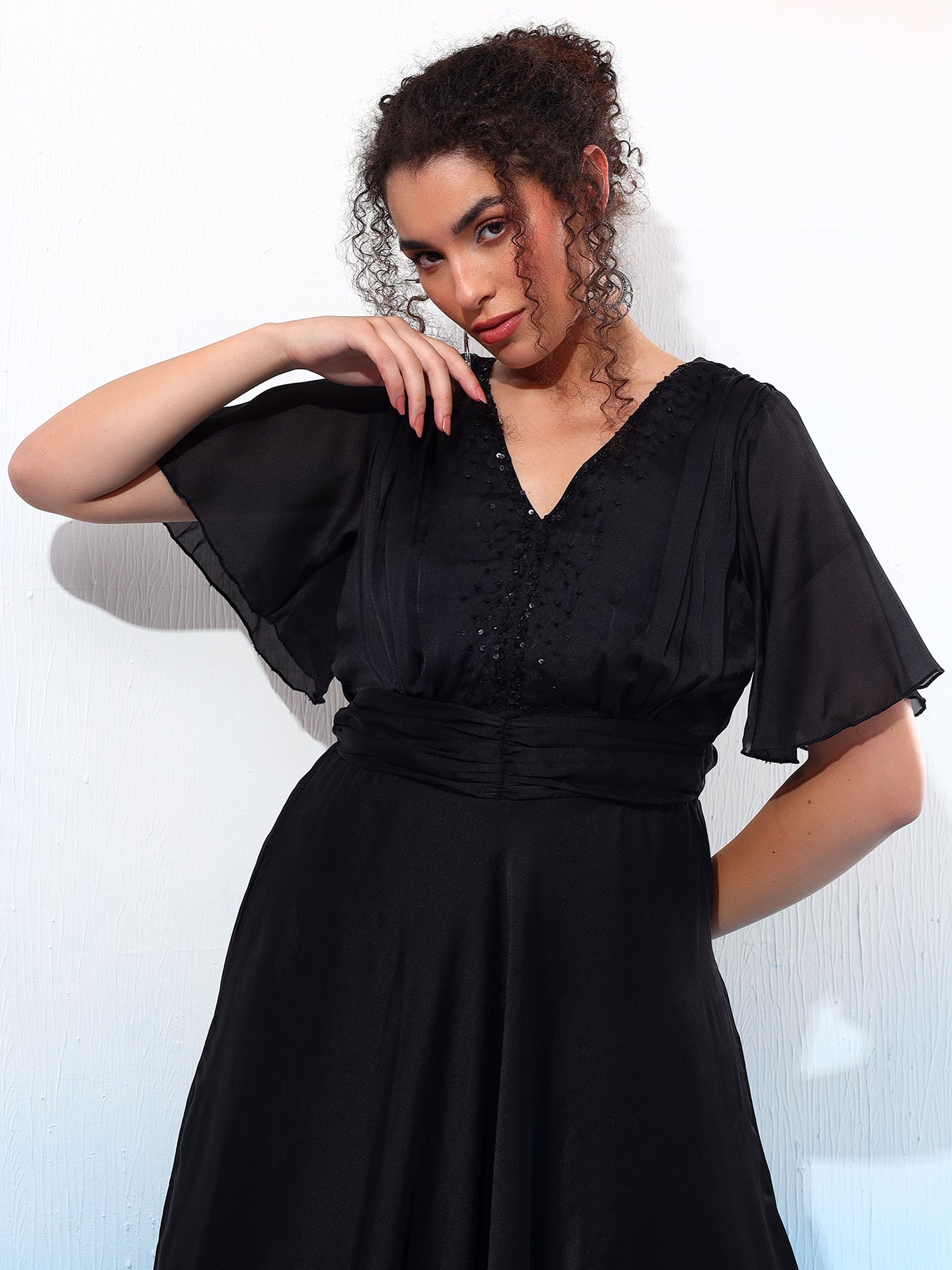 Classy Black Ruched Flared Dress