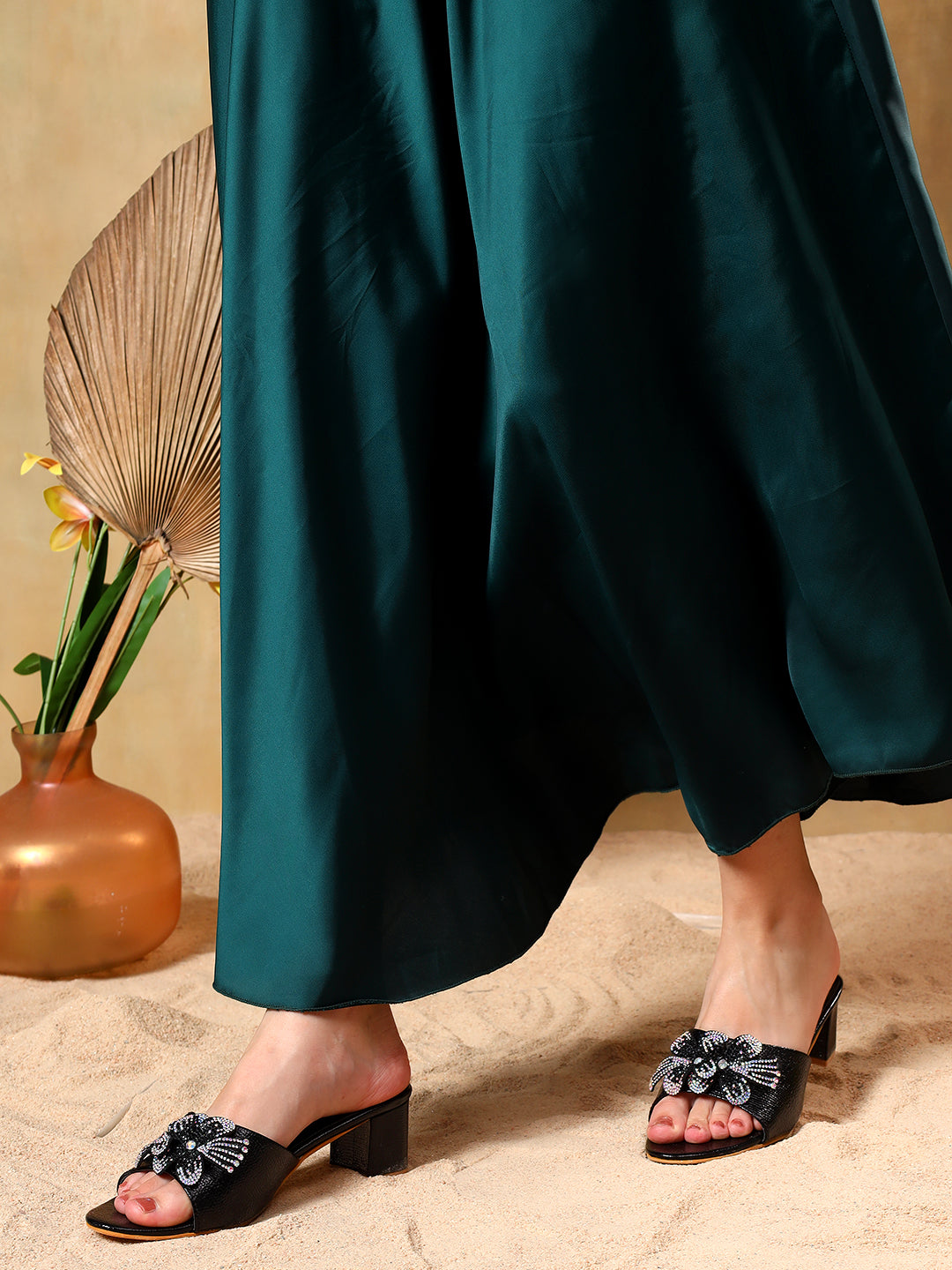 Embellished Black Low Heel Sandals