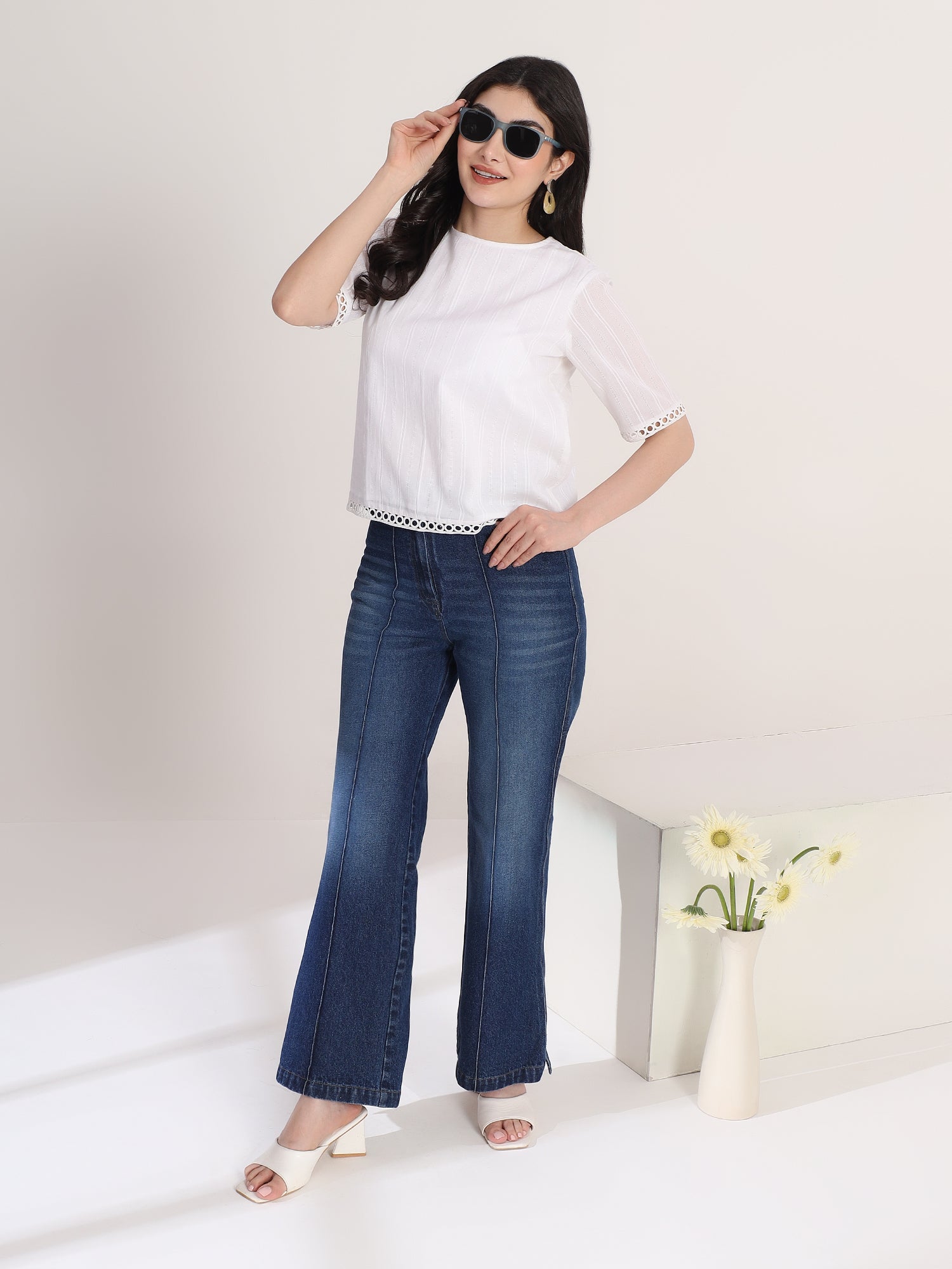 White Round neck Top with Lace