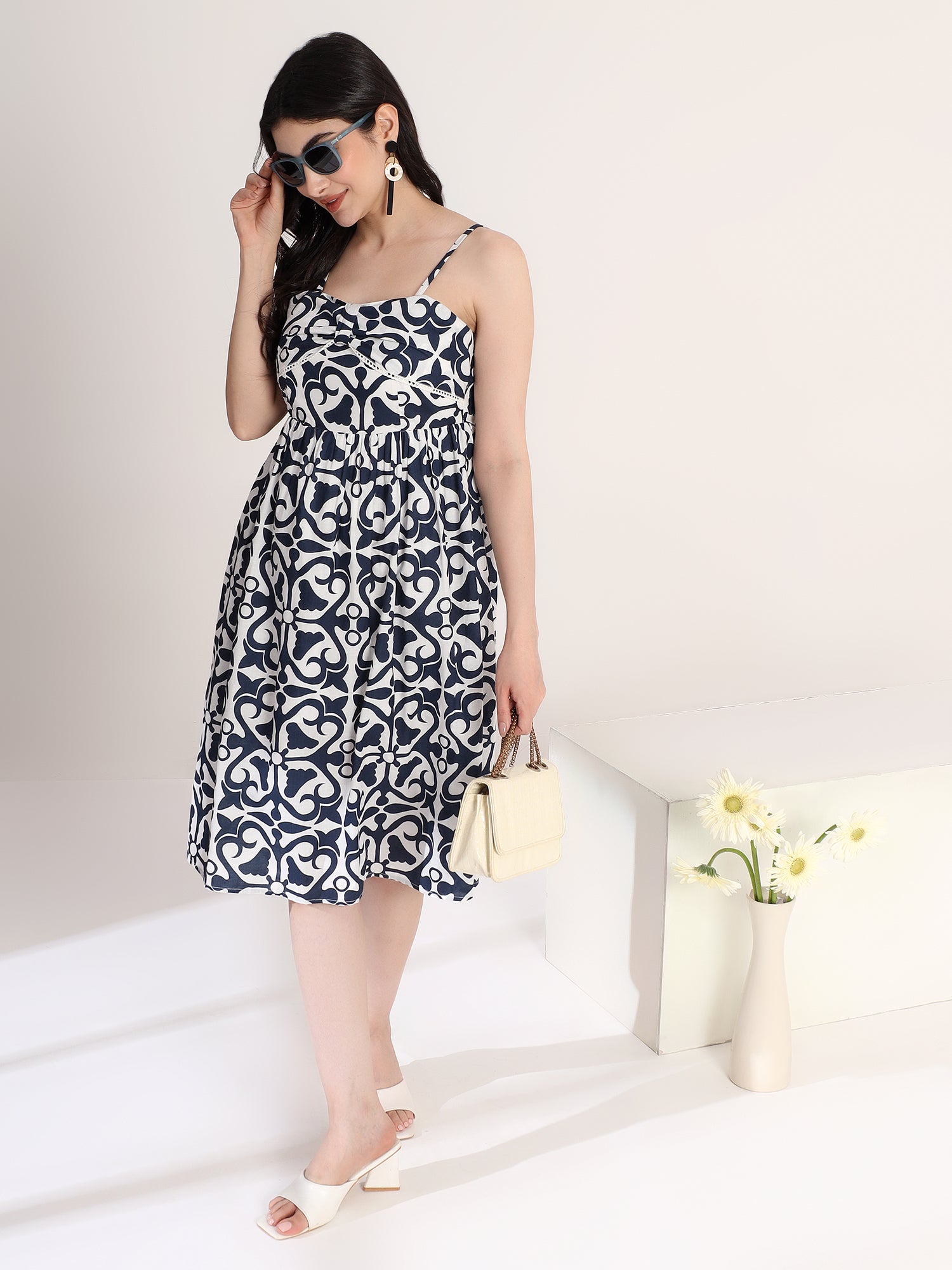 Stylish Blue and White Printed Flared Dress