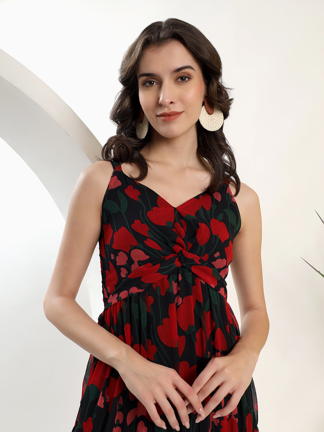 Printed Black and Red Midi Dress