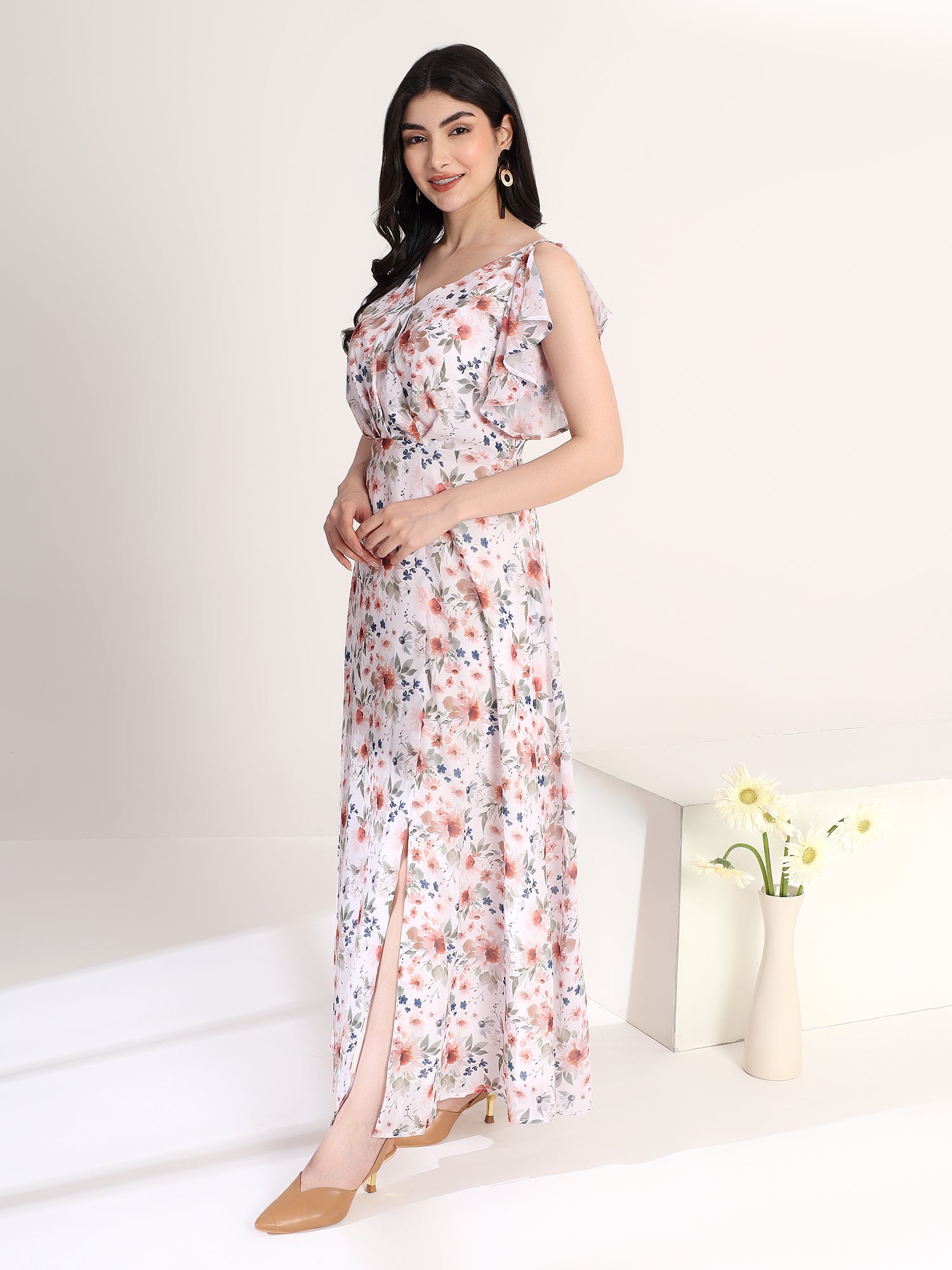 Classy White Floral Printed Flared Dress