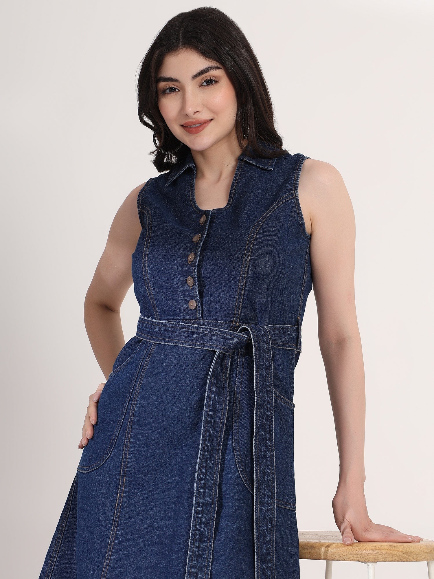 Stylish Denim Flared Midi Dress