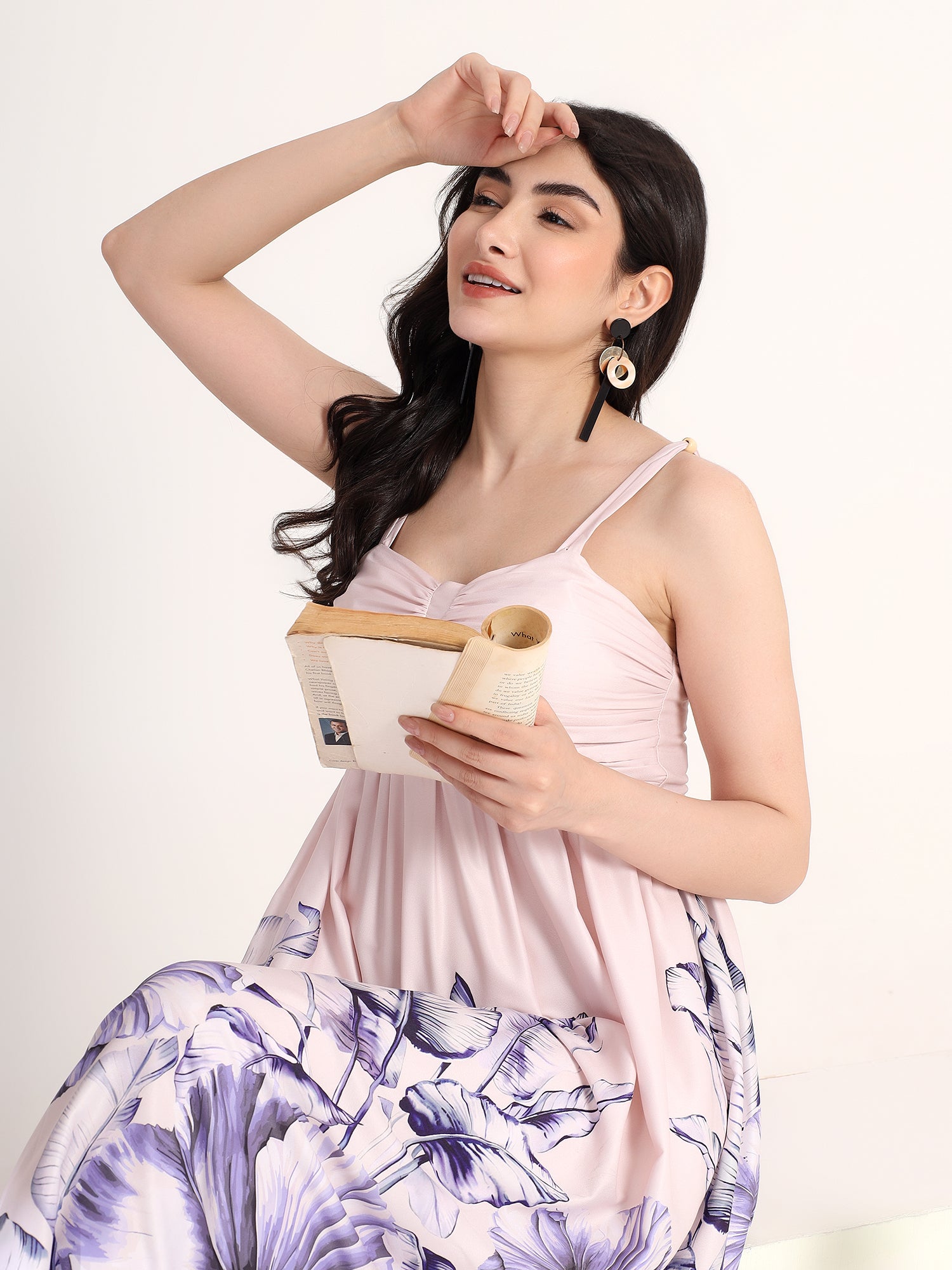 Stylish Blue and White Printed Flared Midi Dress