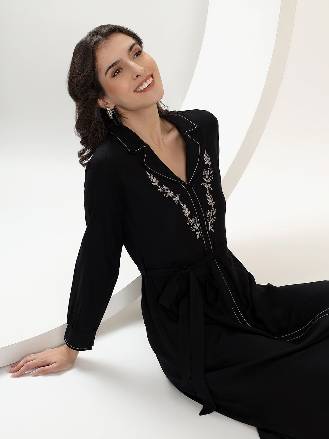 Embroidered Black A-Line Shirt Dress