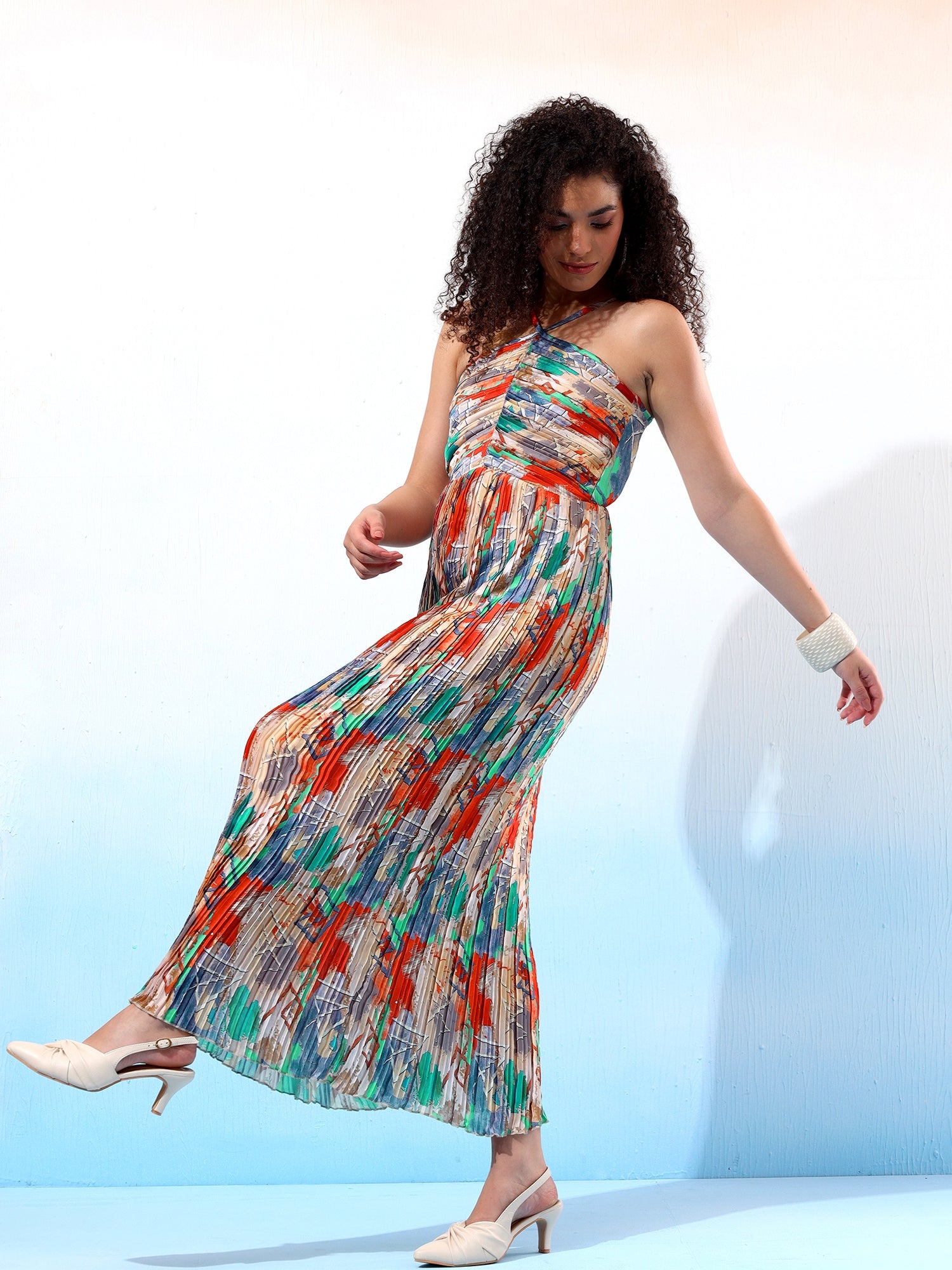 Stylish Printed Pleated Long Dress