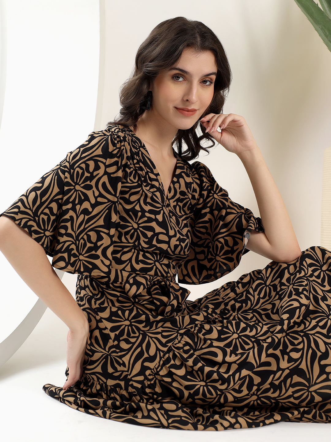 Printed Black and Brown Midi Dress