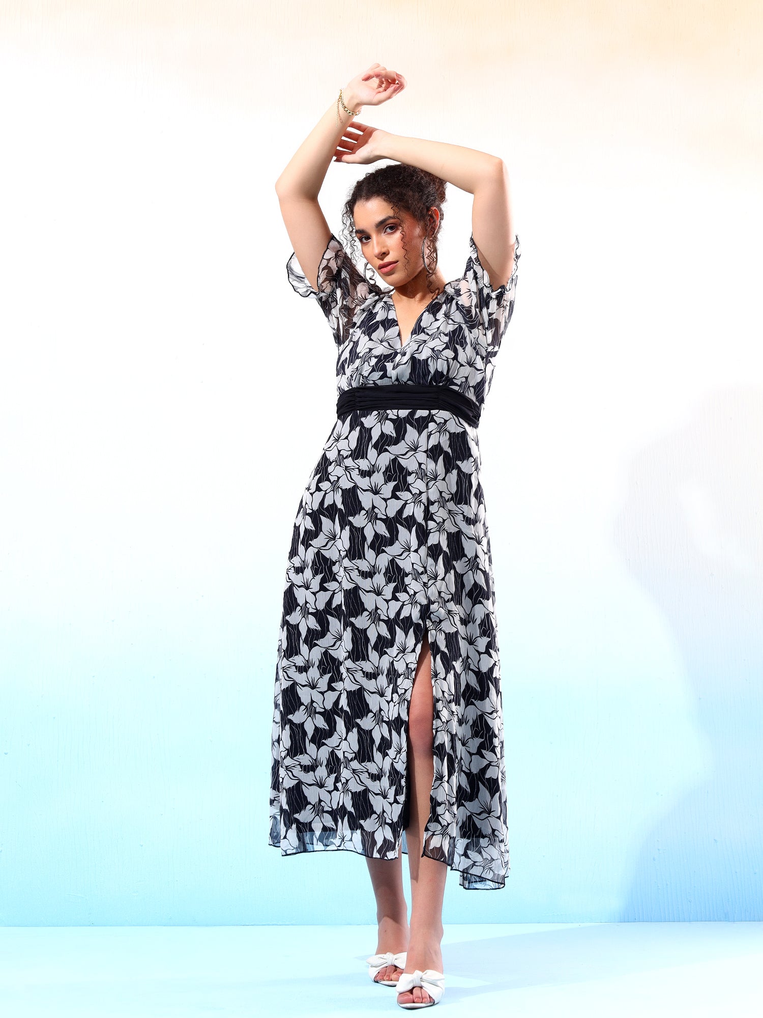 Stylish Black & White Floral Printed Flared Dress