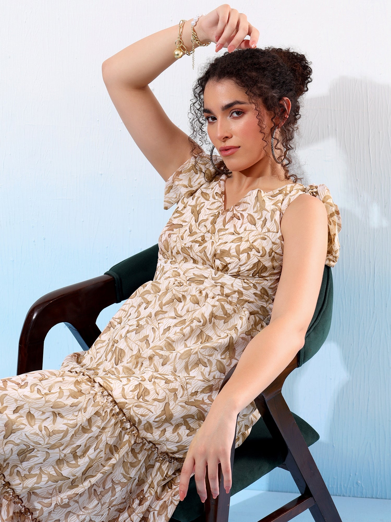 Classy Beige Printed Flared Dress