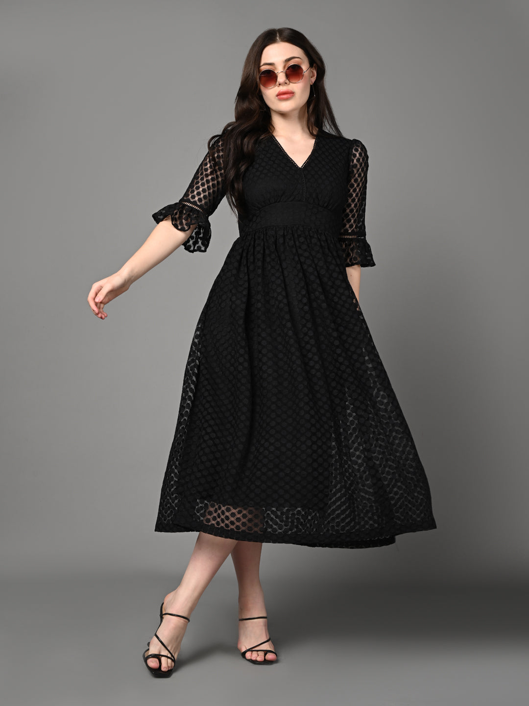 Stylish Black Textured Flared Dress