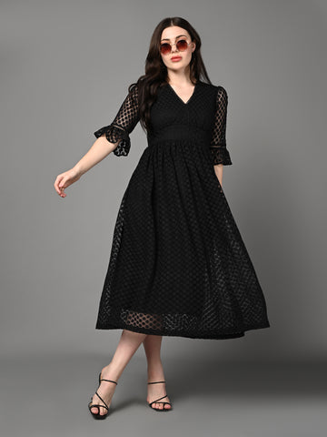 Stylish Black Textured Flared Dress
