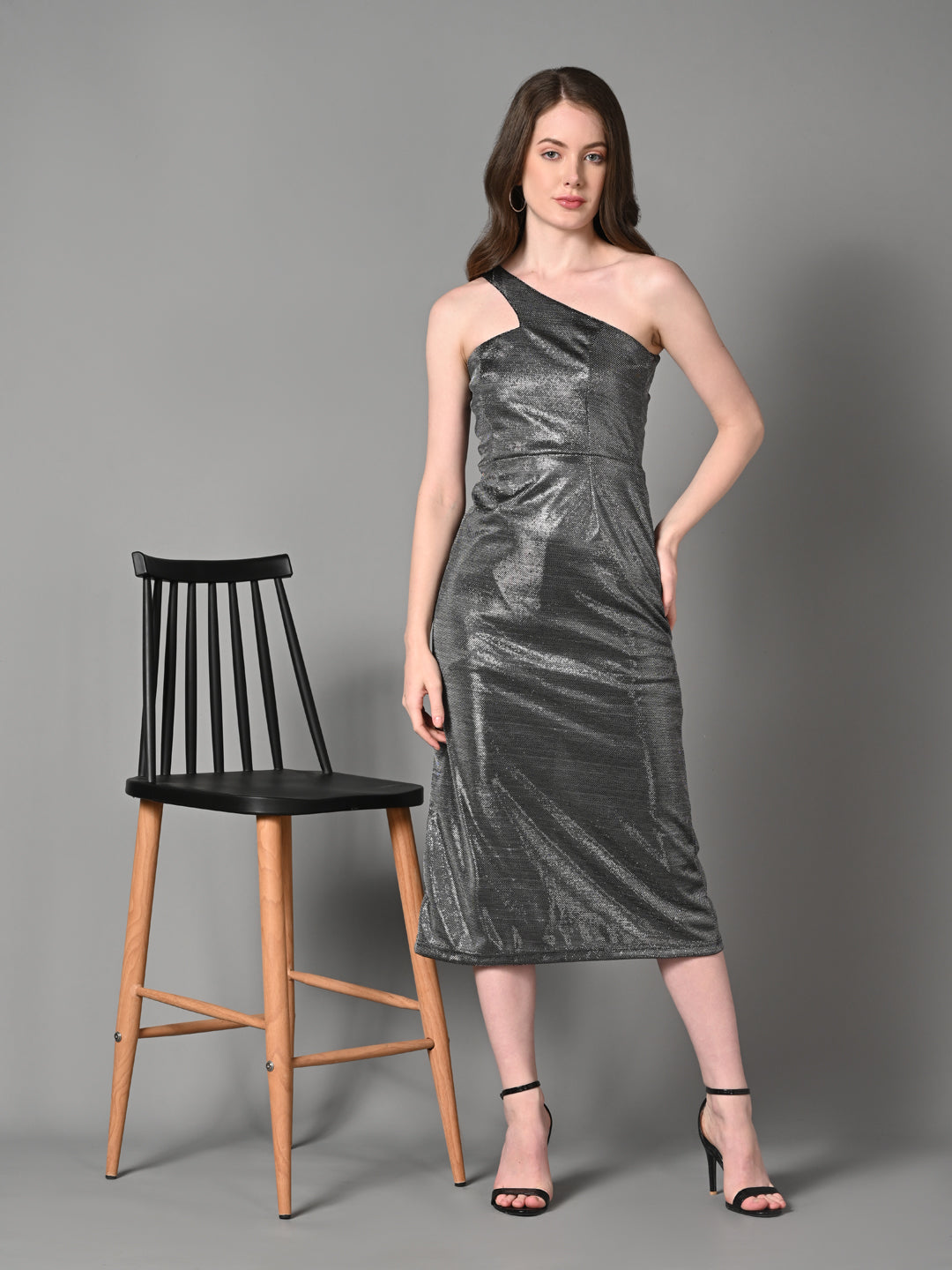 Embellished Silver Fitted A - Line Party Dress