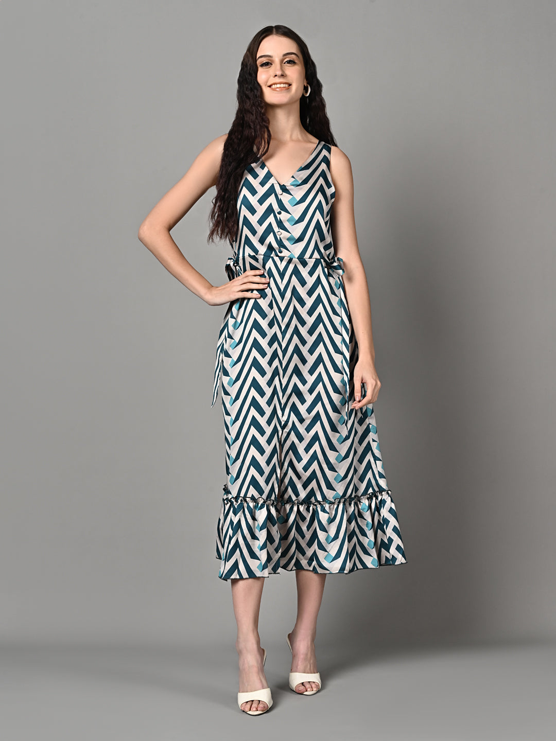 Fancy Blue & White Printed Ruffled Midi Dress