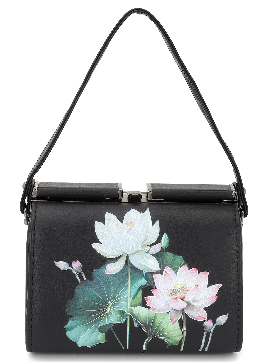 Floral Printed Leather Black Handbag