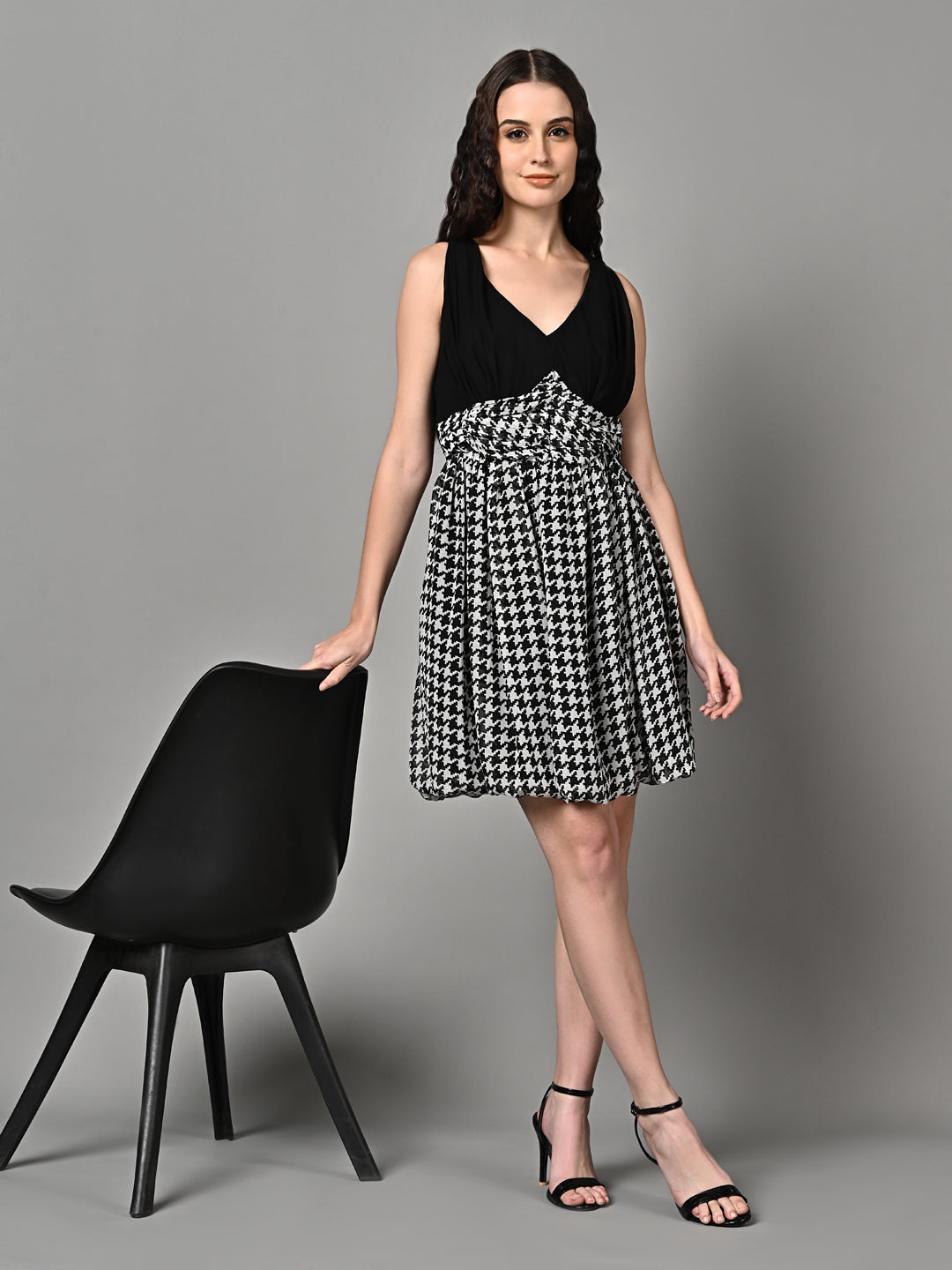 Classy Black & White Printed Pleated Flared Dress