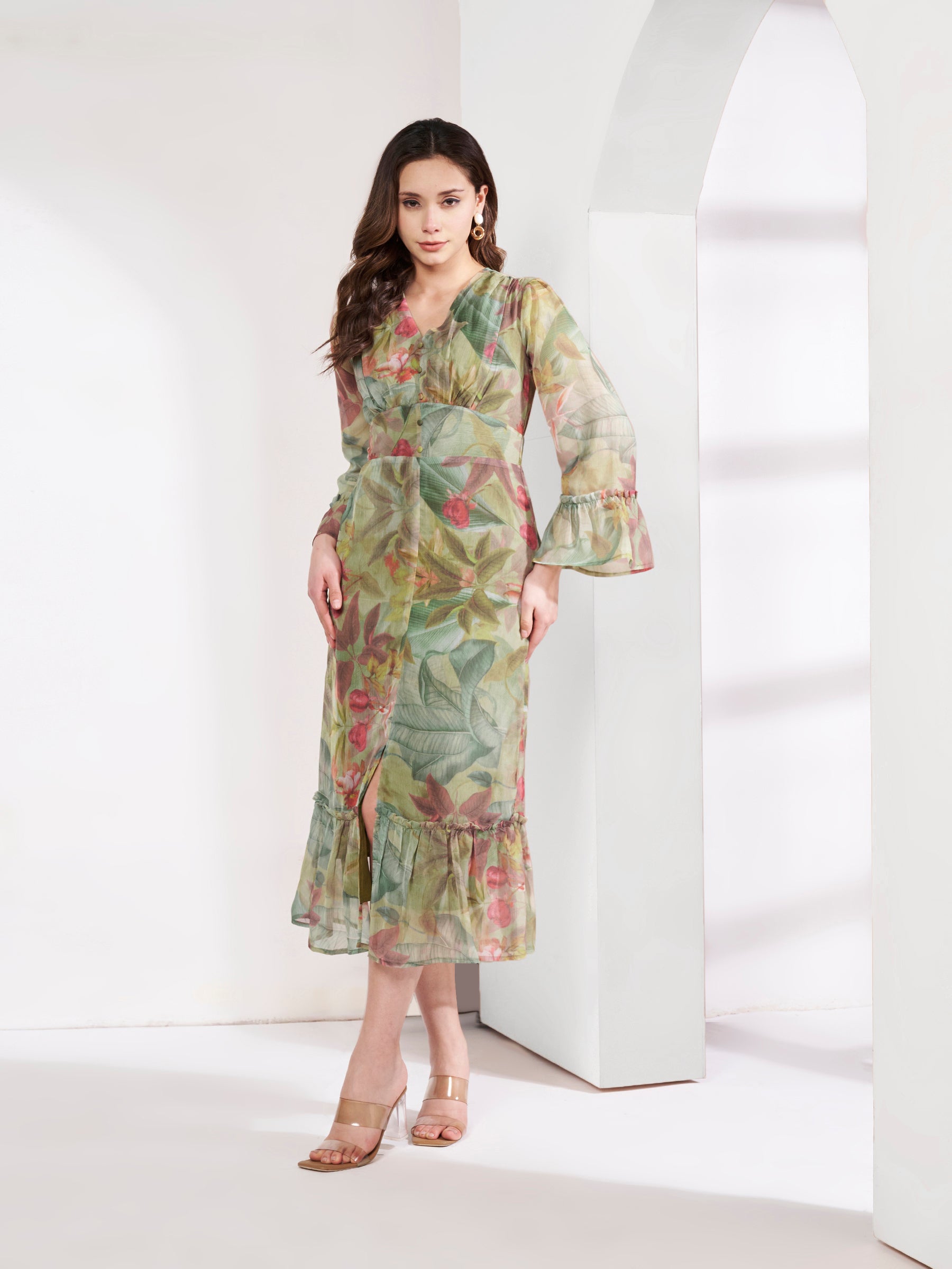 Stylish Green Ruched Flared Dress