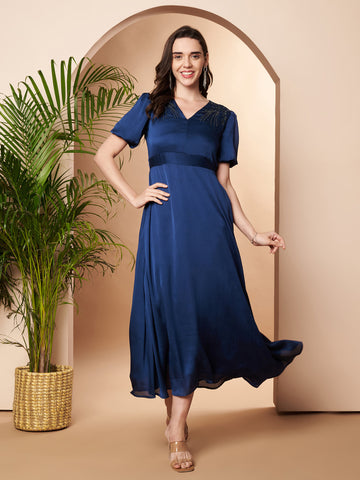 Embellished Blue Pleated Dress